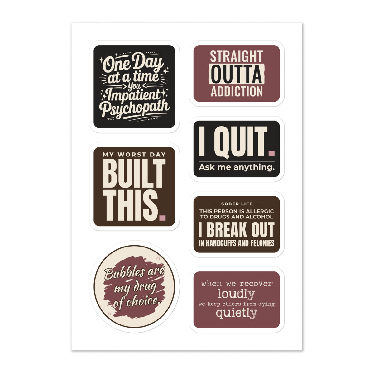 SXD recovery sticker sheet with seven stickers, flat.