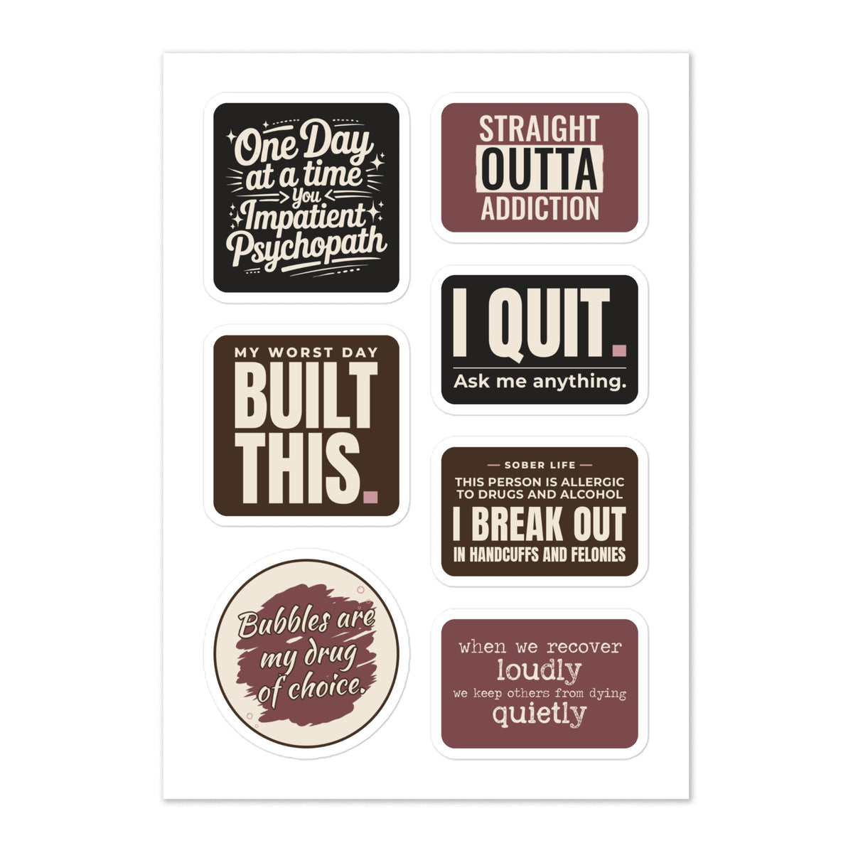 SXD Recovery kiss-cut sticker sheet with 7 recovery stickers