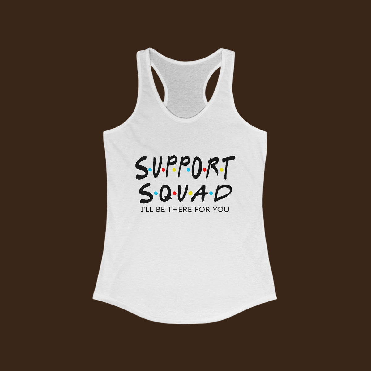 Support Squad women's racerback tank in white, front