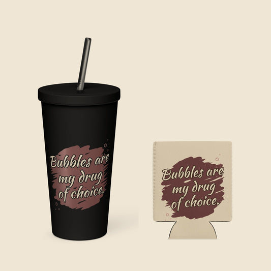Kit the Night bundle: Bubbles Are My Drug of Choice tumbler in black and can cooler in off-white, together
