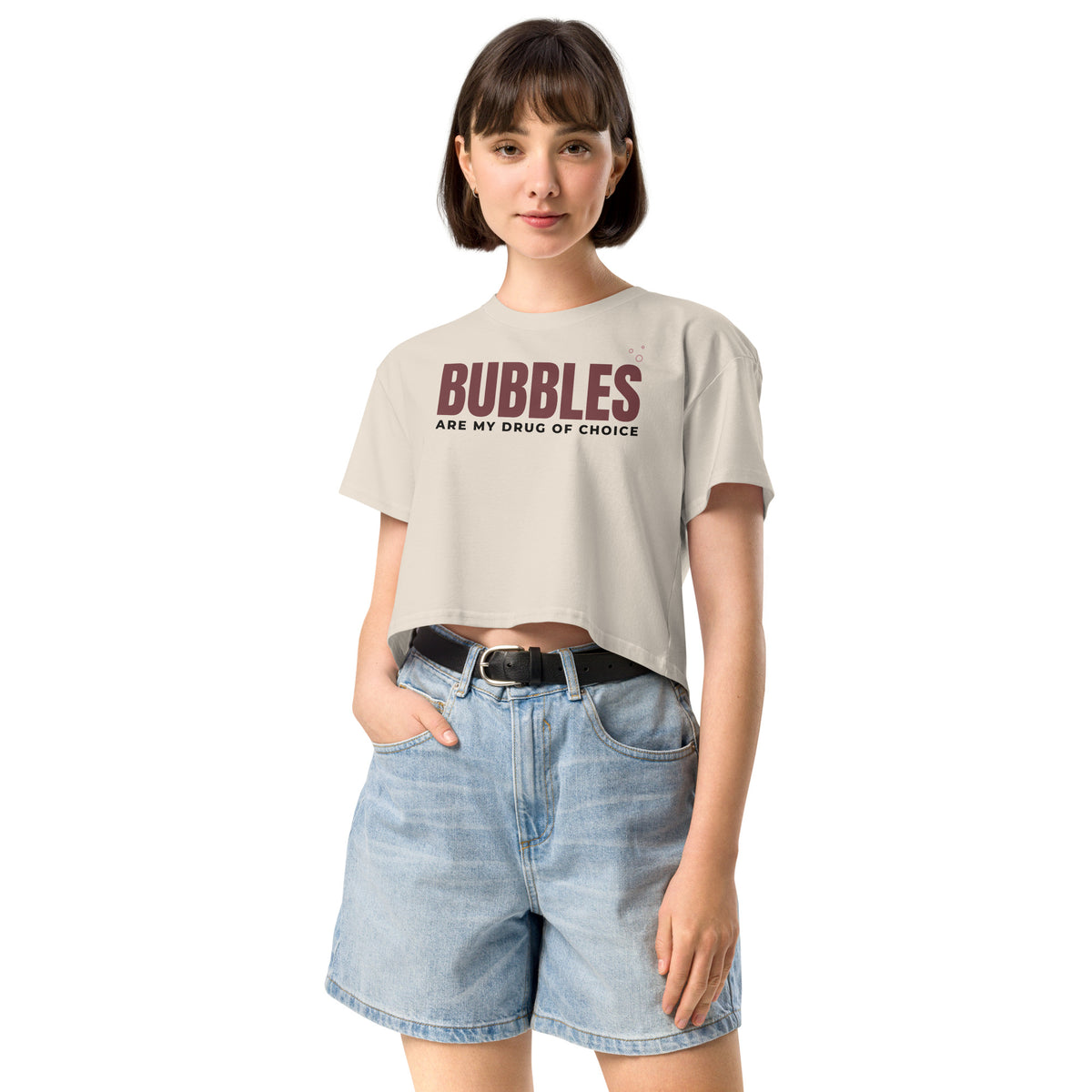 Bubbles crop tee in bone, front view on model