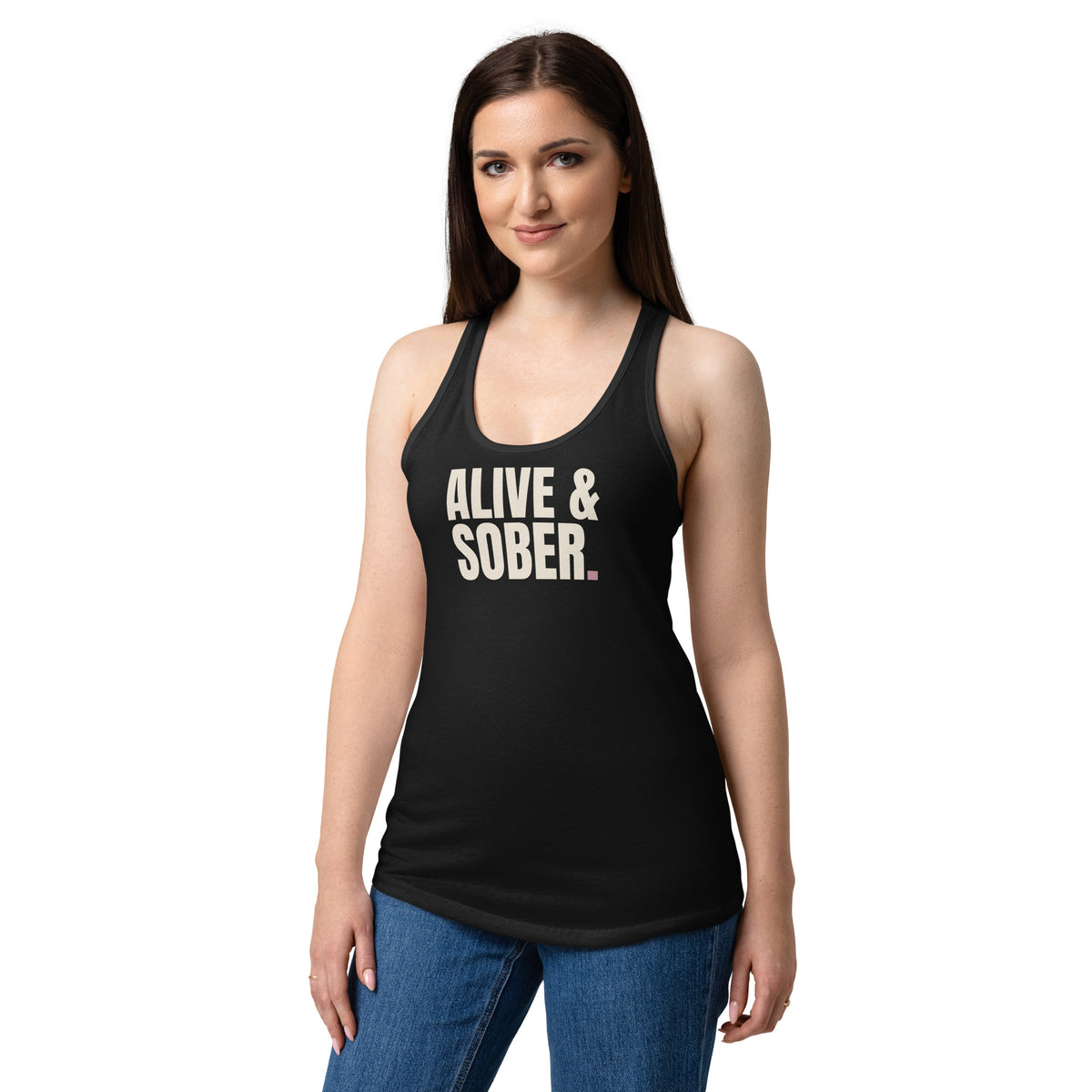 Alive & Sober racerback tank in black, front view on model