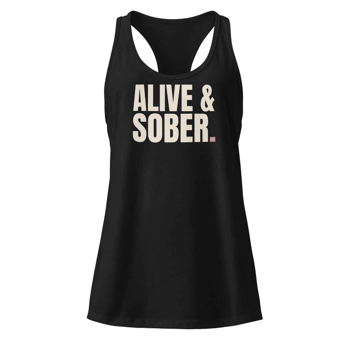 Alive & Sober racerback tank in black, front view flat lay