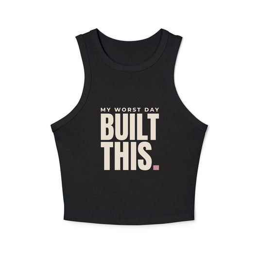 My Worst Day crop racer tank in black, front view